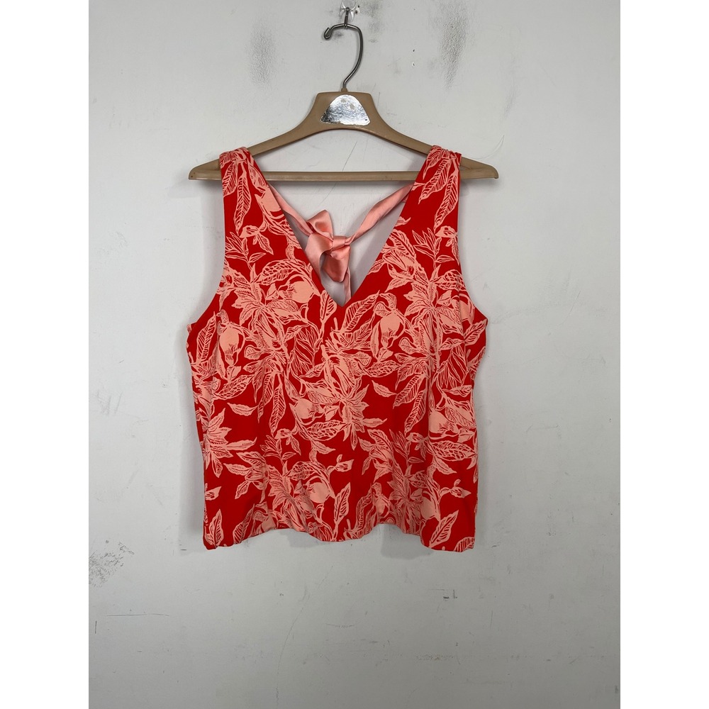 Lands End Womens Red Pink Tropical Floral Tie Back V-Neck‎ Tank Top Size M 10-12